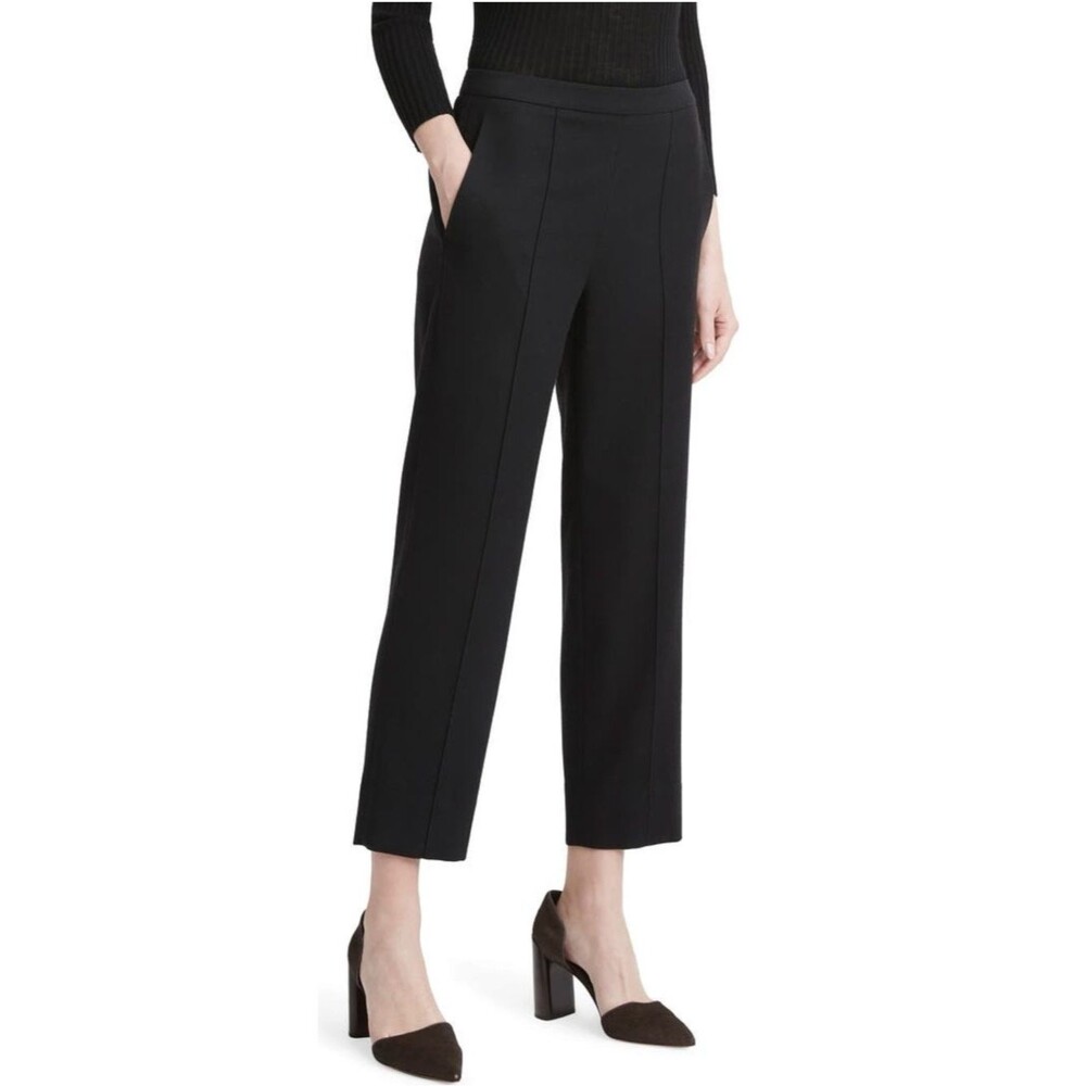 Vince Crop Pleated Wool Blend Pull On Pants Black Cropped Straight Leg Sz Small